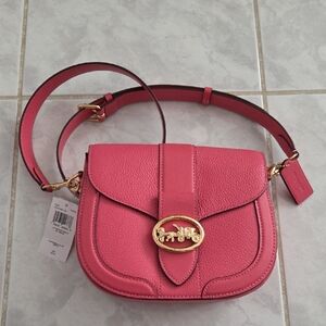 Coach Confetti Pink Pebbled Leather Georgie Saddle Crossbody with Gold Hardware